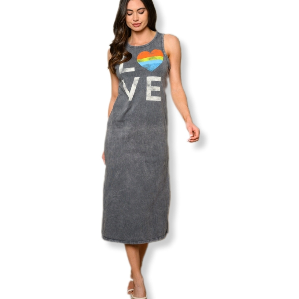 Sleeveless Knit Graphic T-shirt Midi Dress Side Slit Cover-Up SU071